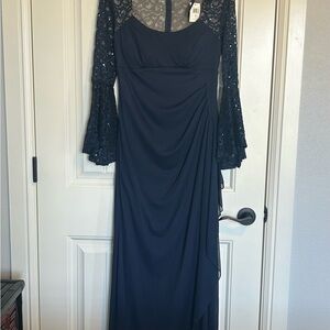 Xscape Long Navy Gown with cascading angled bell sleeves in lace & seqluins